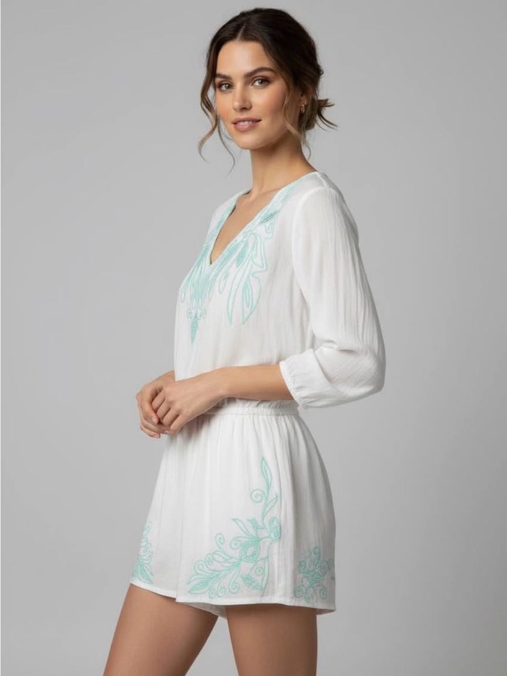 White Romper with Mint Embroidery